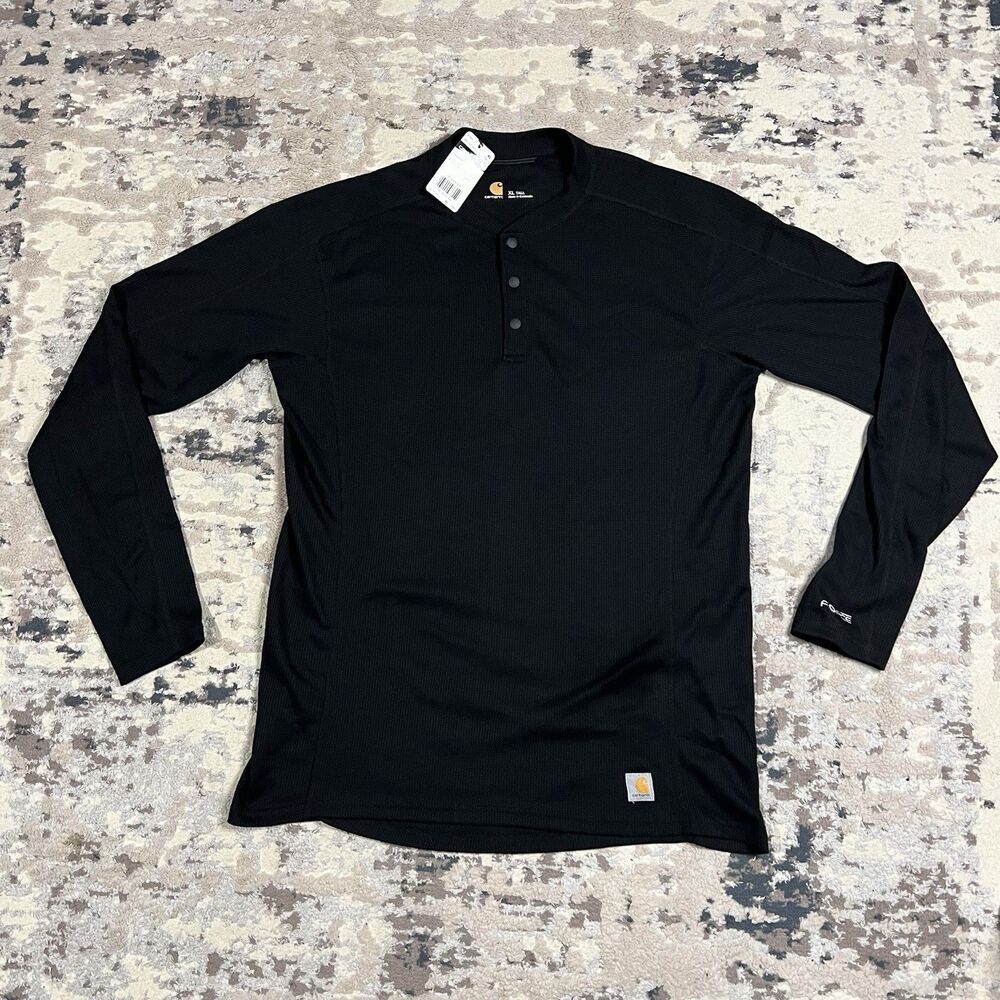 NWT Carhartt Henley Shirt Men XLT Black Force Waffle Thermal Long Sleeve MBL114